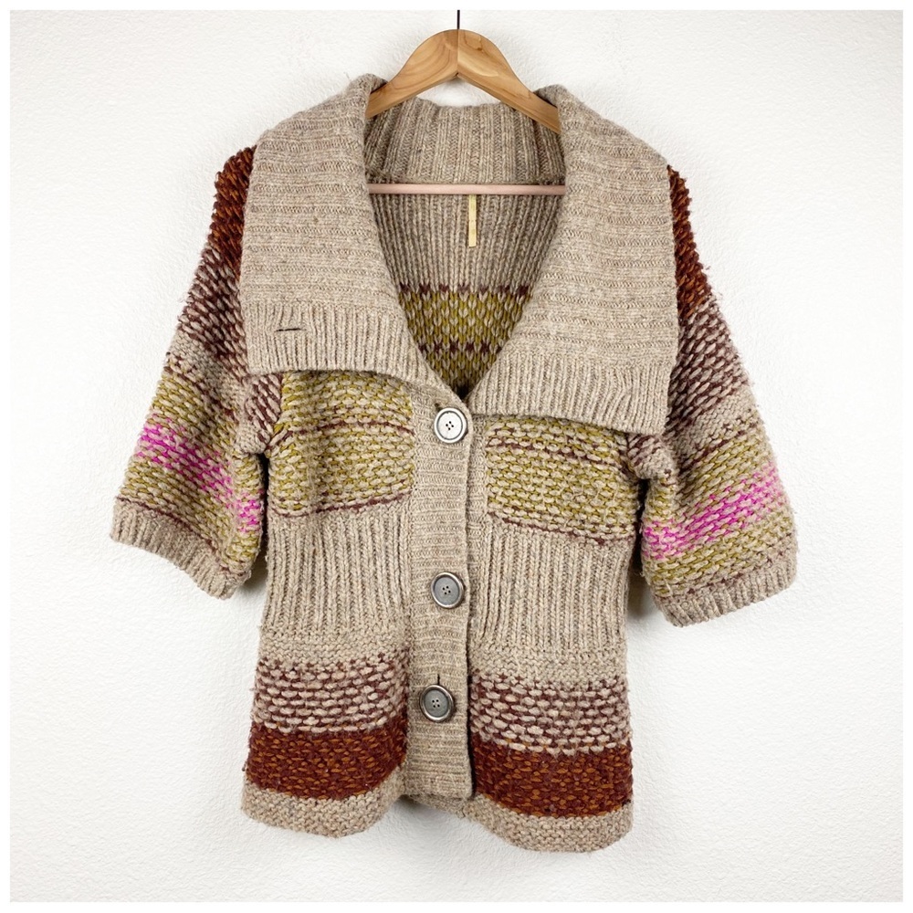 Free‎ People Brown Short Sleeve Chunky Knit Cardigan Size XS